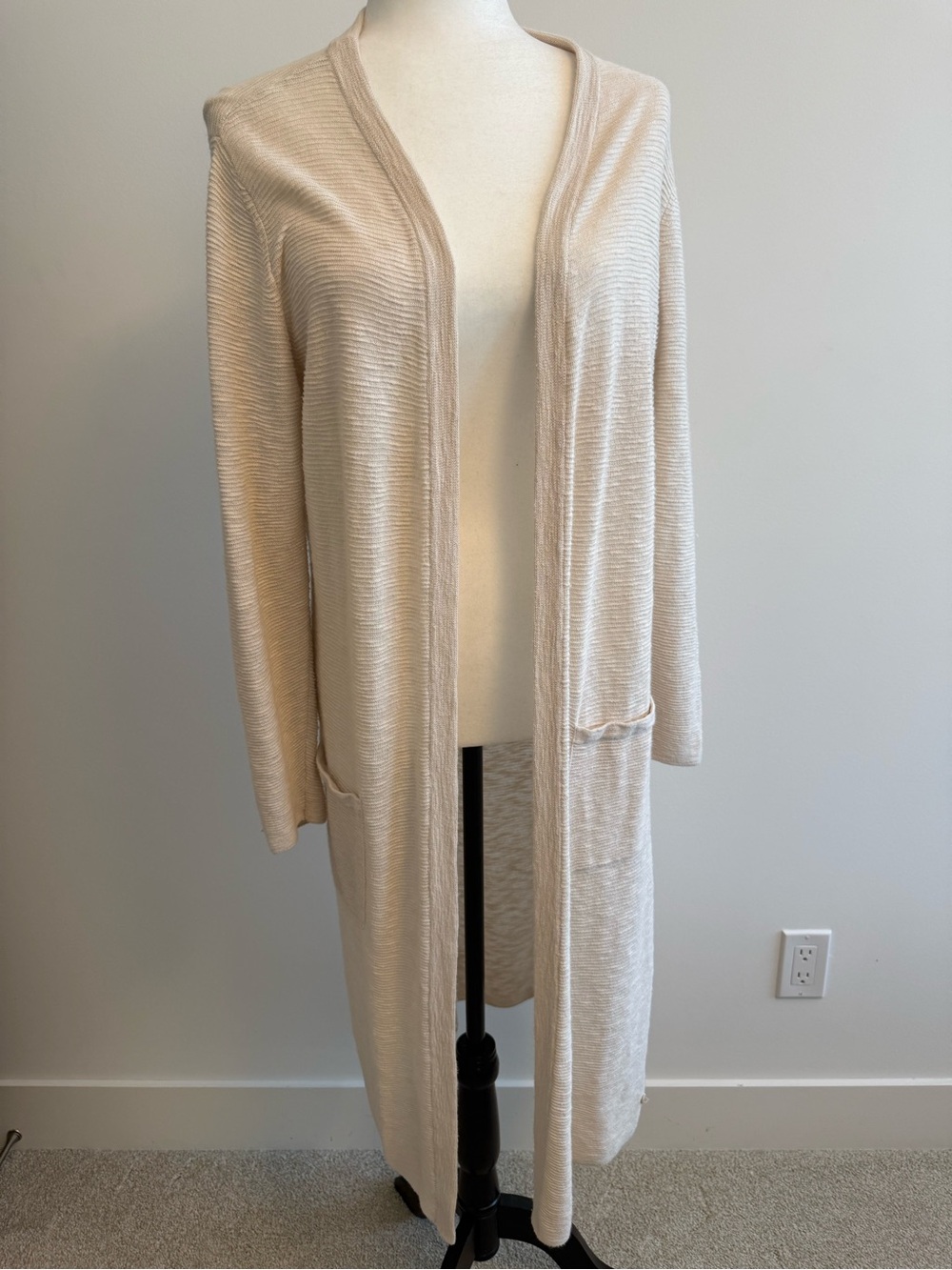 Olsen Europe Long Open-Front Cream Knit Cardigan with Pockets
